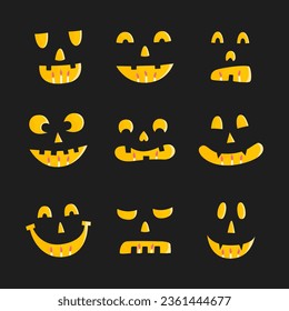 Flat vector cartoon Halloween set of funny scary pumpkin or ghost faces. Isolated design on a white background.