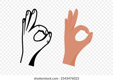 Flat Vector Cartoon Hand Gesture Showing the OK Sign with the Index Finger and Thumb Forming a Circle. Minimalist Line Art and Colored Design Templates, Icons
