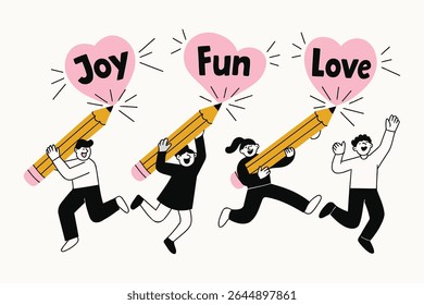 Flat vector cartoon of happy people holding giant pencils with hearts that say “Joy,” “Fun,” and “Love.” Perfect for creative, educational, motivational, and teamwork-themed designs.