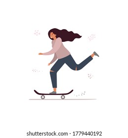 Flache Vektorgrafik eines schönen Mädchens, das auf einem Skateboard reitet. Das Konzept eines aktiven Lebensstils.