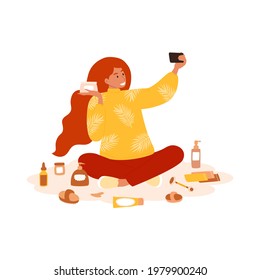 A flat vector cartoon illustration of a beauty blogger doing a review on care cosmetics for his video blog. A woman is talking and showing cosmetics in front of a phone camera. White background