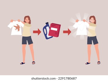 Flat vector cartoon illustration of before and after using bleach liquid, washing soap product.