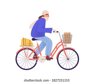 Flat vector cartoon illustration of bicycling woman in warm clothing. Female character riding bicycle in cold autumn, spring or winter weather. Active character cycling in outerwear isolated on white