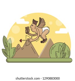 Flat vector cartoon illustration with bow-boy in knickers flying high in the sky with a cup of coffee and arrow looking for the aim in the mountains