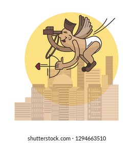 Flat vector cartoon illustration with bow-boy in knockers flying high in the sky with binocular and arrow looking for the aim in the city