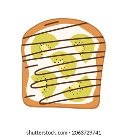 Flat vector cartoon illustration of a bread sandwich with cream cheese, kiwi and chocolate sauce. Delicious breakfast or snack. Isolated design on a white background.