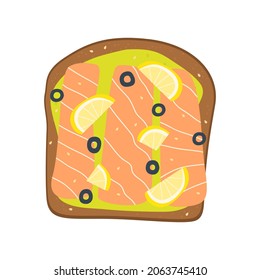 Flat vector cartoon illustration of a bread sandwich with red fish, avocado, lemon and olive slices. A delicious, hearty and healthy breakfast or snack. Isolated design on a white background.