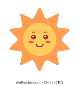 Ilustración de dibujos animados de Vector plano de un sol amarillo brillante con rayos. Para el verano, el Clima y el diseño temático de vacaciones. Aislado sobre fondo blanco.