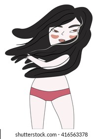 A flat vector cartoon illustration of a brunette girl with long hair blown by tempered winds wearing red pants standing full-face