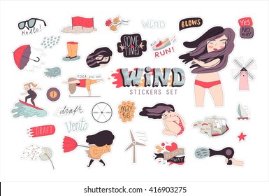 A flat vector cartoon illustration of a brunette girl sticker set