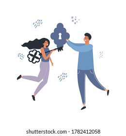 Flat vector cartoon illustration of business people working together to discover new solutions. A conceptual illustration of making a solution with a key and a keyhole.