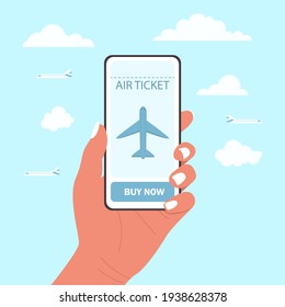 Flat vector cartoon illustration of buying tickets from your smartphone. The concept of an online ticket. Travel by plane, planning a summer vacation, tourism.