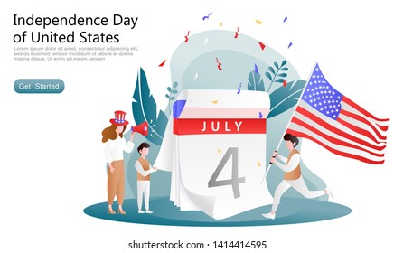 flat vector cartoon illustration celebrate independence day usa. Men run bring and raising flags, women give spirit. Concept 4th of july calendar, set of plants. for landing page, website, ui, ux, app