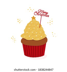 Flat vector cartoon illustration of a Christmas cake, with cream in the shape of a Christmas tree with a star and a skewer with the inscription marry Christmas