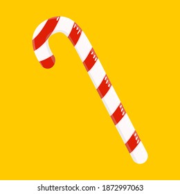 Flat vector cartoon illustration of a Christmas Lollipop in the shape of a cane isolated on a yellow background