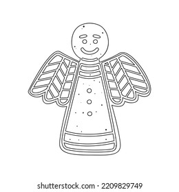 A flat vector cartoon illustration of a Christmas cookie with a gingerbread angel in the style of a doodle. Isolated sketch on a white background.