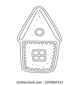 A flat vector cartoon illustration of a Christmas cookie with a gingerbread house in the style of a doodle. Isolated sketch on a white background.