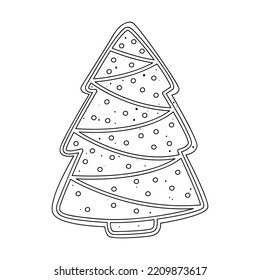 A flat vector cartoon illustration of a Christmas cookie with a gingerbread tree in the style of a doodle. Isolated sketch on a white background.