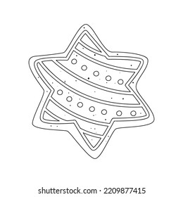 A flat vector cartoon illustration of a Christmas cookie with a gingerbread star in the style of a doodle. Isolated sketch on a white background.