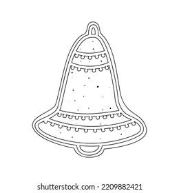 A flat vector cartoon illustration of a Christmas cookie with a gingerbread bell in the style of a doodle. Isolated sketch on a white background.
