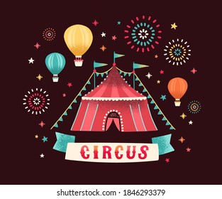 Flat vector cartoon illustration of circus tent decorated by festive flags and fireworks. Bright composition with striped shapito cirque big top and hot air balloons