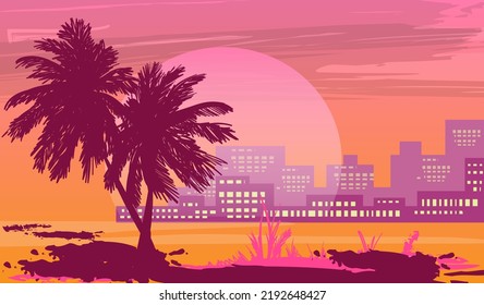 Dibujo gráfico de vector plano de la ciudad y las palmas. 