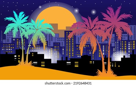 Flat vector cartoon illustration of the city and palms. 