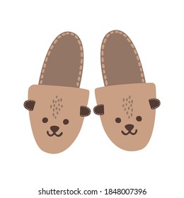 Flat vector cartoon illustration of cozy home shoes or children's Slippers and the face of an animal. Soft, comfortable shoes for comfort.