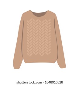 Flat vector cartoon illustration of a cozy warm brown sweater. Women's knitted warm clothing on a white background