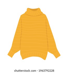 Dibujo gráfico de vector plano de un cálido y cálido suéter rayado amarillo. Ropa de abrigo de punto para mujeres de fondo blanco