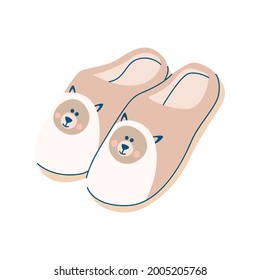 Flat vector cartoon illustration of cozy home shoes or children's Slippers and the face of an animal. Soft, comfortable shoes for comfort.