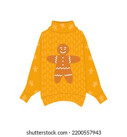 Flat vector cartoon illustration of a cozy warm sweater with a gingerbread man pattern. Knitted warm clothes on a white background.