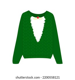 Dibujo vectorial plano de un cálido suéter acogedor con un patrón en forma de barba de Santa Claus. Ropa abrigada de punto sobre un fondo blanco.