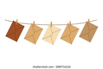 Dibujo de dibujos animados de vectores planos de sobres de papel artesanal colgados en una cuerda con pinzas de tela. Diseño aislado en un fondo blanco.