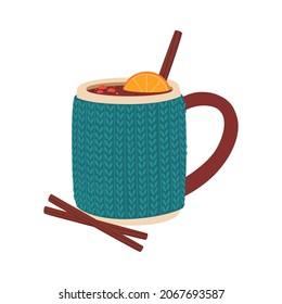 Flat vector cartoon illustration of a cup with a knitted case with mulled wine or black fruit and berry tea. Delicious hot festive drink. Isolated design on a white background.