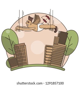 Flat vector cartoon illustration with Cupid in knickers flying high in the sky above the city background looking for the aim