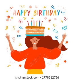 Flat vector cartoon illustration of a cute girl with a cake on her head. Happy Birthday. Design template for cards, greetings, posters, flyers, banners and other uses, etc.