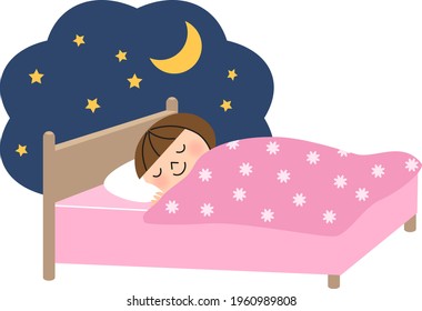 Flat vector cartoon illustration of  cute little girl sleeping in bed