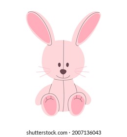 Flat vector cartoon illustration of a cute plush pink rabbit. A funny children's toy. Isolated design on a white background.