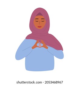 A flat vector cartoon illustration of a cute girl in a hijab showing her heart with her hands. The concept of self-love and self-acceptance. White background.