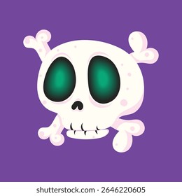 Flat vector cartoon illustration of a cute skull with big glowing eyes and bones. Halloween-themed artwork in fun and spooky style, ideal for posters, kids graphics, stickers, and digital design.
