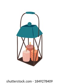 Flat vector cartoon illustration of a decorative lantern with candles. Hygge decorative item for the interior in the Scandinavian style isolated on white background.