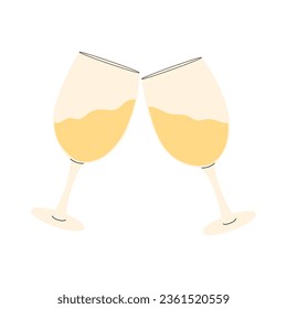 A flat vector cartoon illustration depicting two clinking wine glasses. Drawing for a holiday, a party, a special event. Isolated design on a white background.