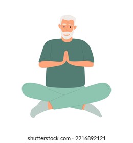 Flat vector cartoon illustration of an elderly man sitting in the lotus position. The concept of a healthy lifestyle of life and yoga in old age. Isolated design on a white background.