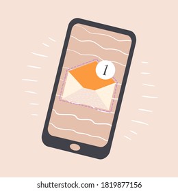 Flat vector cartoon illustration of an enabled mobile phone with a sign about a new email or SMS.