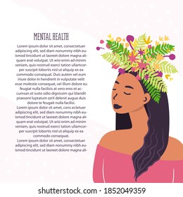 Flat vector cartoon illustration of a female character with a flower head. The concept of mental health, good mood, harmony with yourself. Big banner.