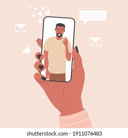 Flat vector cartoon illustration of a female hand holding a phone with a man on the screen. An app for dating and video calls.