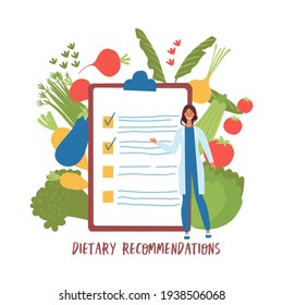 Flat vector cartoon illustration of a female nutritionist explaining the concept of healthy eating and diet planning. Recommendations for proper nutrition. Isolated design on a white background.