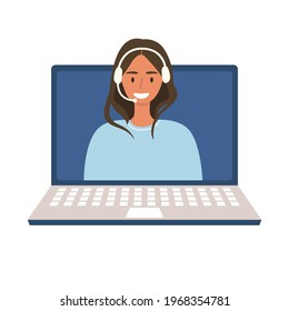 Flat vector cartoon illustration of a female operator in a headset. Online consultant. Video calling technology, chatbot with artificial intelligence. Isolated design on a white background.