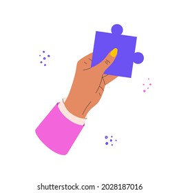 Flat vector cartoon illustration of a female hand holding a puzzle isolated on a white background.